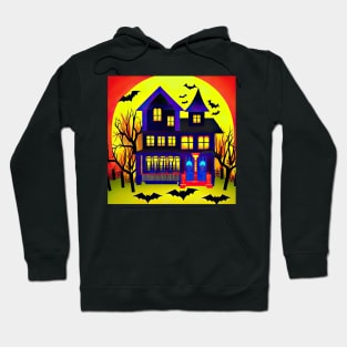 Spooky Blue Haunted Mansion With Bats and Full Moon Colorful Illustration Hoodie